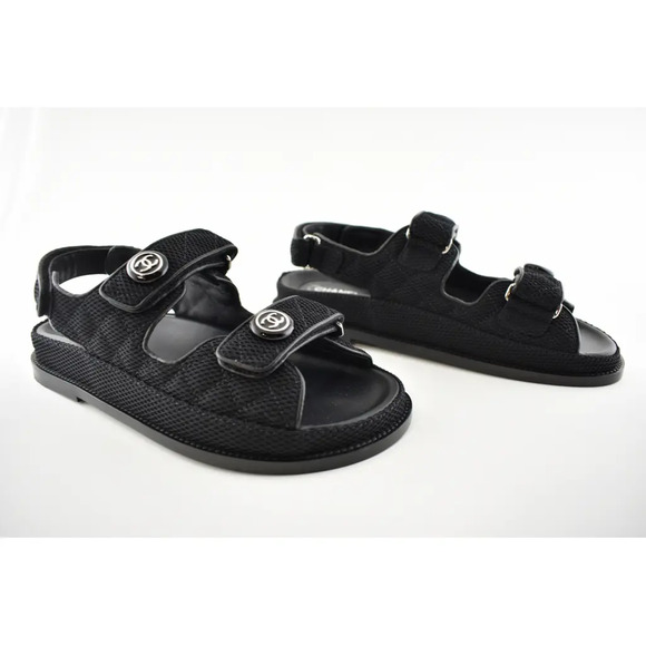 Chanel 21C Black Fabric Silver Logo Mule Slide Strap Flat Teva Dad Sandal 39 - Picture 6 of 12